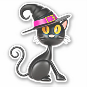 3D-illusie Zwarte Kat met Paarse Band Heksenhoed Sticker