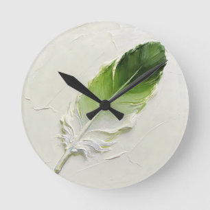 3D Impasto Textuur Groene Veer Elegant Modern Ronde Klok