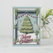 3D Kerst Kaart met Feestboom en Holly (Staand voorkant)