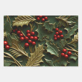 3D Kerstgenot - Holly Leaves & Berries Inpakpapier Vel (Voorkant 3)