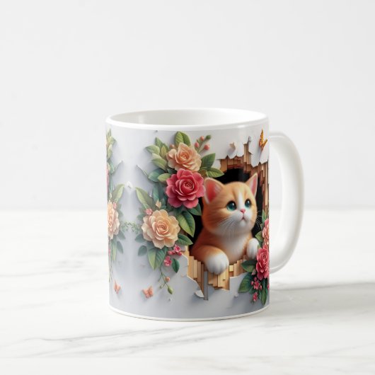 3D Kitten Hole in een Wand Bloemen Mok (Voorkant rechts)