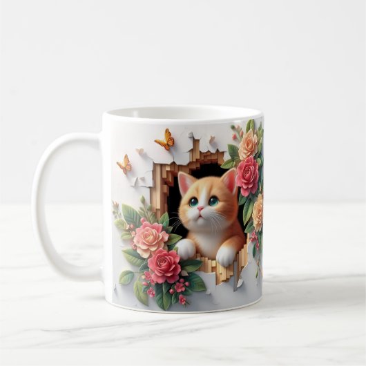 3D Kitten Hole in een Wand Bloemen Mok (Links)