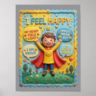 3D Klei Schattig Gelukkig Kind Vreugde Mindfulness Poster