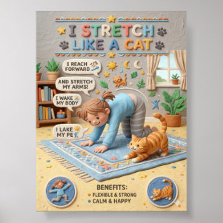 3D Klei Schattig Kind en Kat die zich Uitrekt Educ Poster