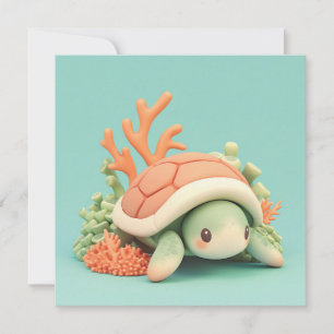 3D Klei Zeeschildpad met Oranje Koraalrif Ansichtk