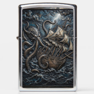 3D-kunstwerk van Kraken die een schip aanvalt