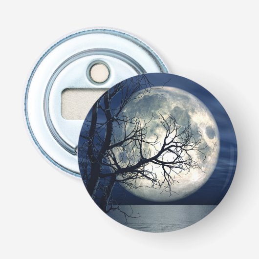3D Landschapsachtergrond met maan over het Zee Button Flesopener (Voorkant)