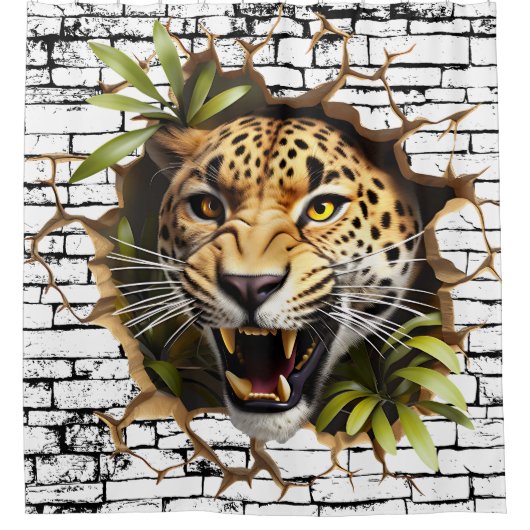 3D Leopard Wall Break Art – Realistic Safari Douchegordijn (Voorkant)