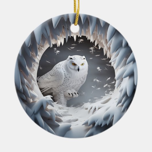 3D Look Sneeuw Uil Vogelland Kerstvakantie Keramisch Ornament (Voorkant)