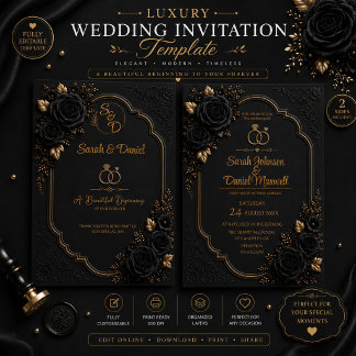 3D Luxe Zwart Gouden Trouwuitnodiging Template Kaart