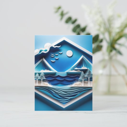 3D meerlagig oceaanlandschap gemaakt van Kirigam Briefkaart (Staand voorkant)