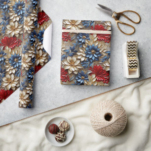 3D Metallic Bloemen met Gouden en Vette Kleuren Cadeaupapier