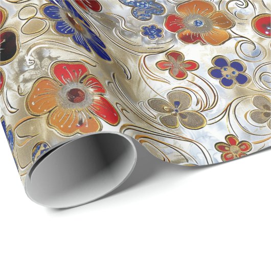 3D Metallic Bloemen met Gouden en Vette Kleuren Cadeaupapier (Rol Hoek)