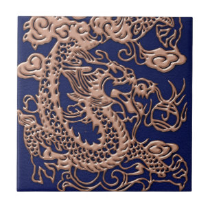 3D Metallic dragons op royal blue Leather Print Tegeltje