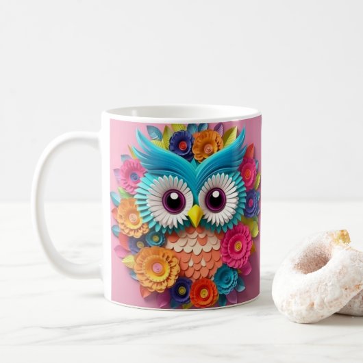 3D op zoek naar gedrukte kleurrijke uil Koffiemok (Met donut)