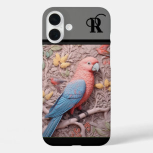 3D papegaai en bloemen monogram iPhone 16 Plus Hoesje