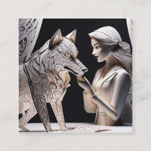 3D Papieren poppendrama, wolf en meisje Vierkante Visitekaartje