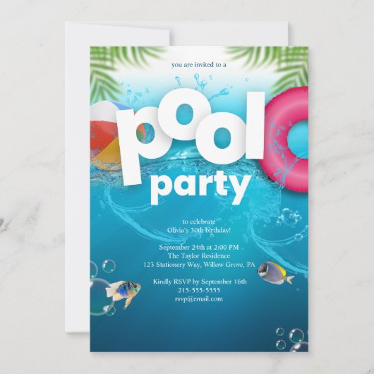 3D Pool Party Birthday Invitation (Devant)