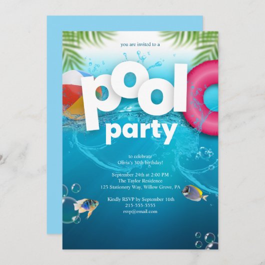 3D Pool Party Birthday Invitation (Devant / Derrière)