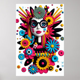 3D Pop Art Portrait – Kleurrijke Abstracte Vrouw m Poster