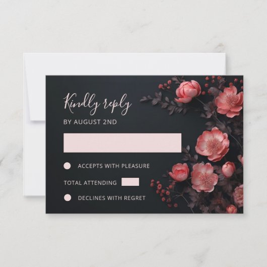 3D  Roses Wildflowers Dark Wedding RSVP Kaartje (Voorkant)
