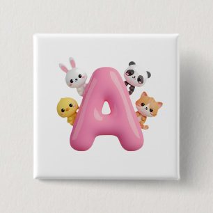 3D Roze Ballon Letter A Bosdieren Vierkante Knop Button 5,1 Cm