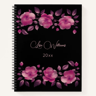 3D Roze Glanzende Metalen Bloemen Zwart Notitieboek