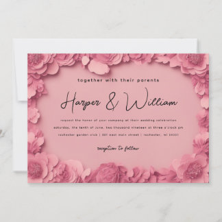 3D roze papier bloemen horizontale bruiloft Kaart
