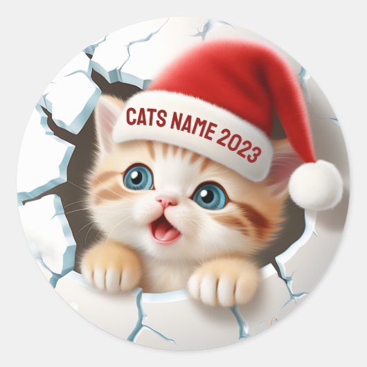 3D Schattige Kitten in het Pet van Santa voor Kers Ronde Sticker (Voorkant)