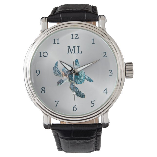 3D Schildpad Zilver Monogram Horloge (Voorkant)