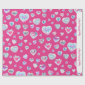 3D Sparkly Crystal Gemstone Harten op Roze Cadeaupapier (Vlak)