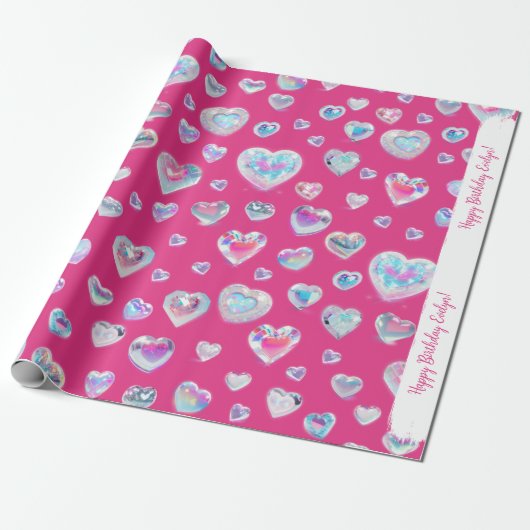  3D Sparkly Crystal Gemstone Harten op Roze Cadeaupapier (Uitgerold)