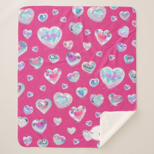 3D Sparkly Crystal Gemstone Harten op Roze Sherpa Deken (Voorkant)