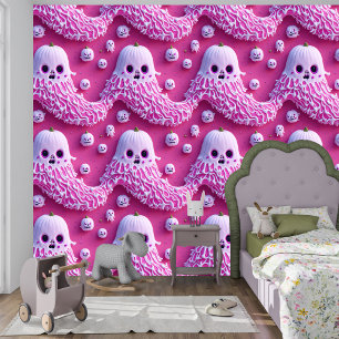 3D Spooky Schattigee Roze Spook Kinder Halloween Behang