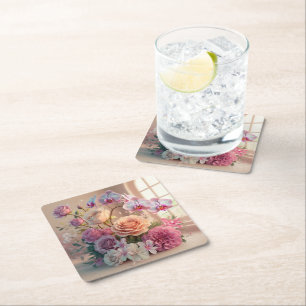3D Spring Flowers Wenskaart met Rozen Vierkante Kartonnen Onderzetter