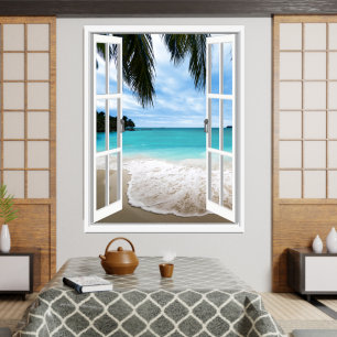 3D Tropische Zee- en Strand Raam Uitzicht Poster