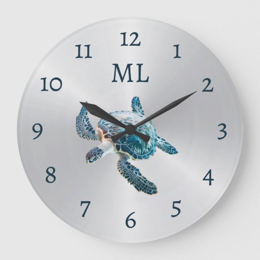 3D Turtle Zilveren Monogram Grote Klok (Voorkant)