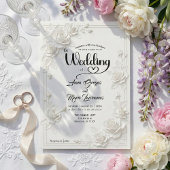3D White Rose Floral Border Wedding Invitation
