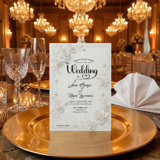 3D White Rose Floral Border Wedding Invitation