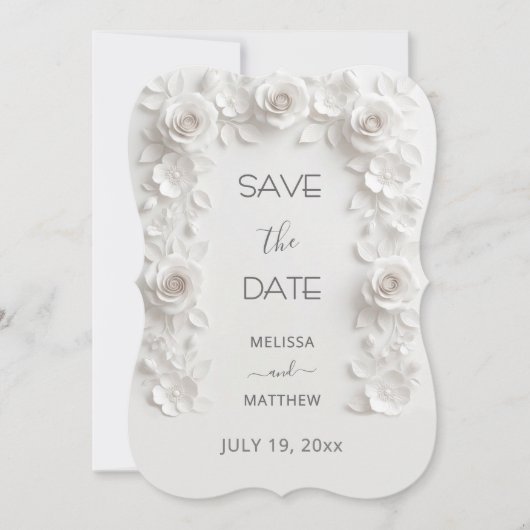 3D White Roses Save The Date Card (Devant)