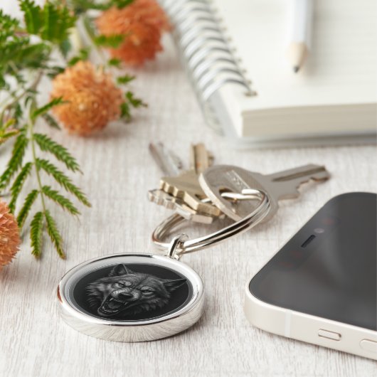 3D Wolf Head Silver Medallion Style Keychain  (Zijkant)