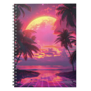 3D zonsondergang op het strand. Retrohandpalmen Notitieboek