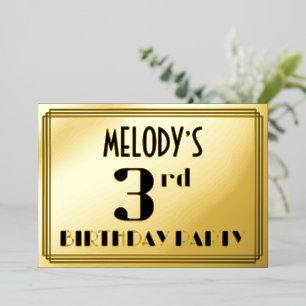 3de verjaardag: Art Deco Kijk "3" en naam Folie Uitnodiging