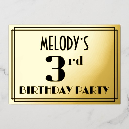 3de verjaardag: Art Deco Kijk "3" en naam Folie Uitnodiging (Voorkant)