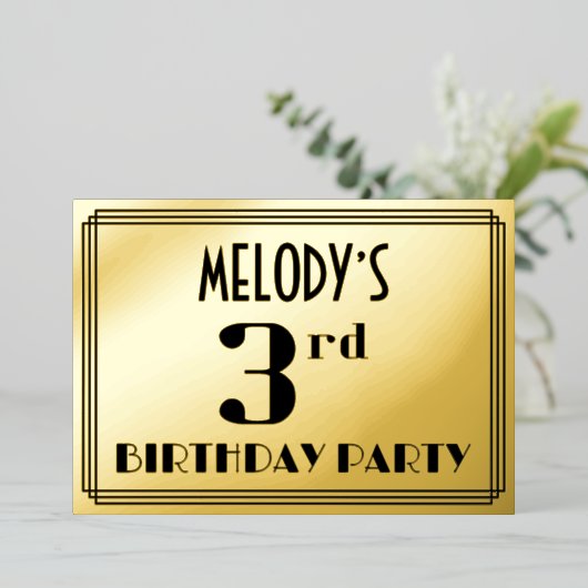 3de verjaardag: Art Deco Kijk "3" en naam Folie Uitnodiging (Staand Voorkant)