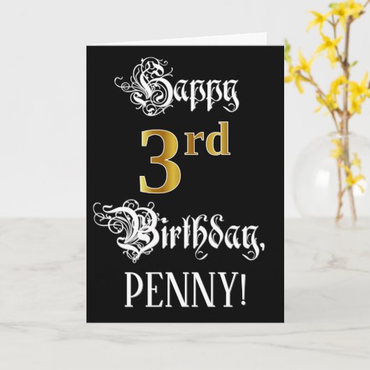 3de verjaardag — Fancy script; Faux Gold Kijk; naa Kaart (Gele Bloem)