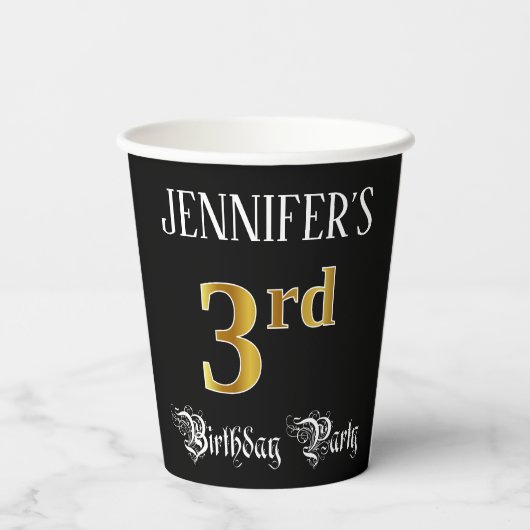 3de verjaardag — Fancy script, Faux Gold look Papieren Bekers (Achterkant)