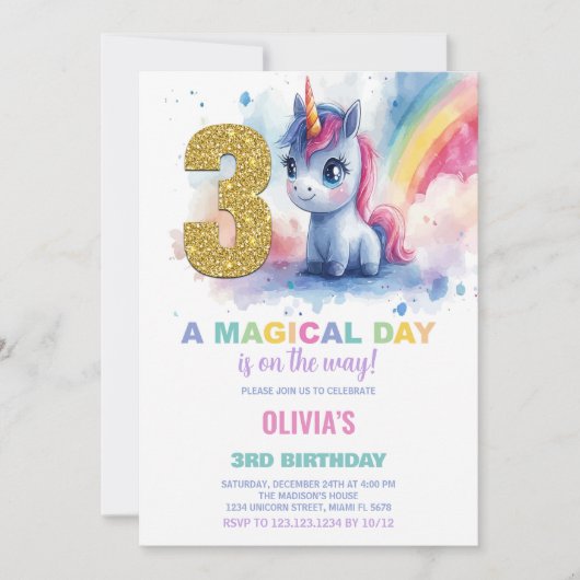 3e anniversaire Unicorn Anniversaire Invitations (Devant)