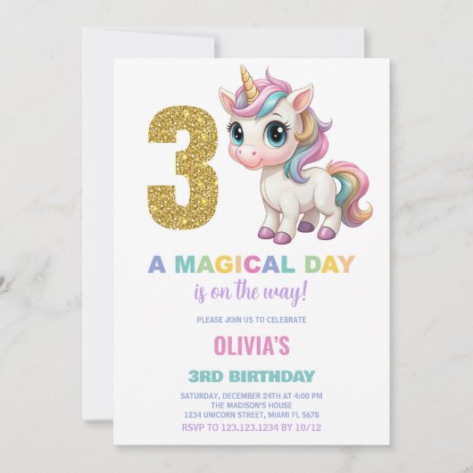 3e anniversaire Unicorn Anniversaire Invitations (Devant)