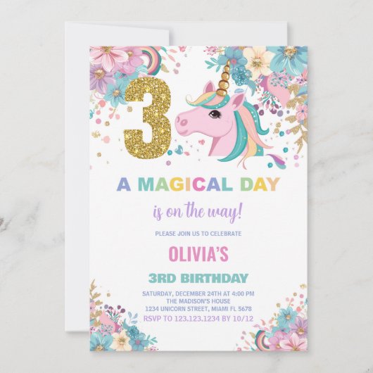 3e anniversaire Unicorn Anniversaire Invitations (Devant)